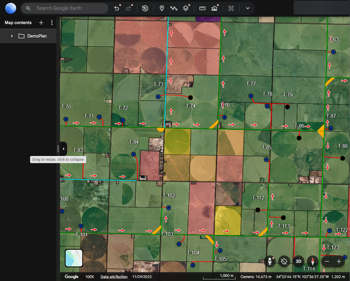 KMZ construction data displayed in GIS application showing color-coded field parcels and map markers