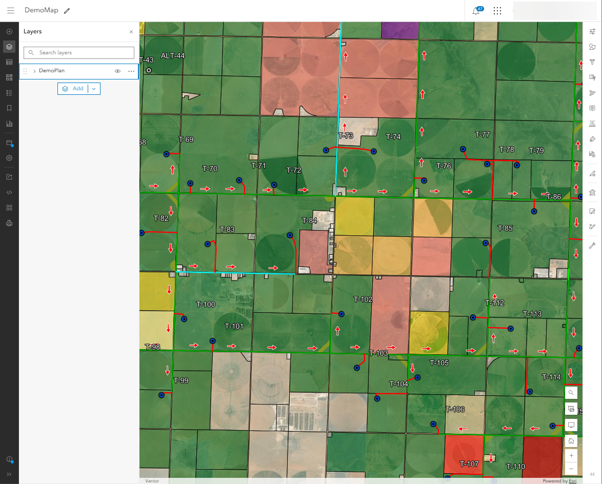 KMZ construction data displayed in second GIS application showing the same color-coded field parcels and map markers