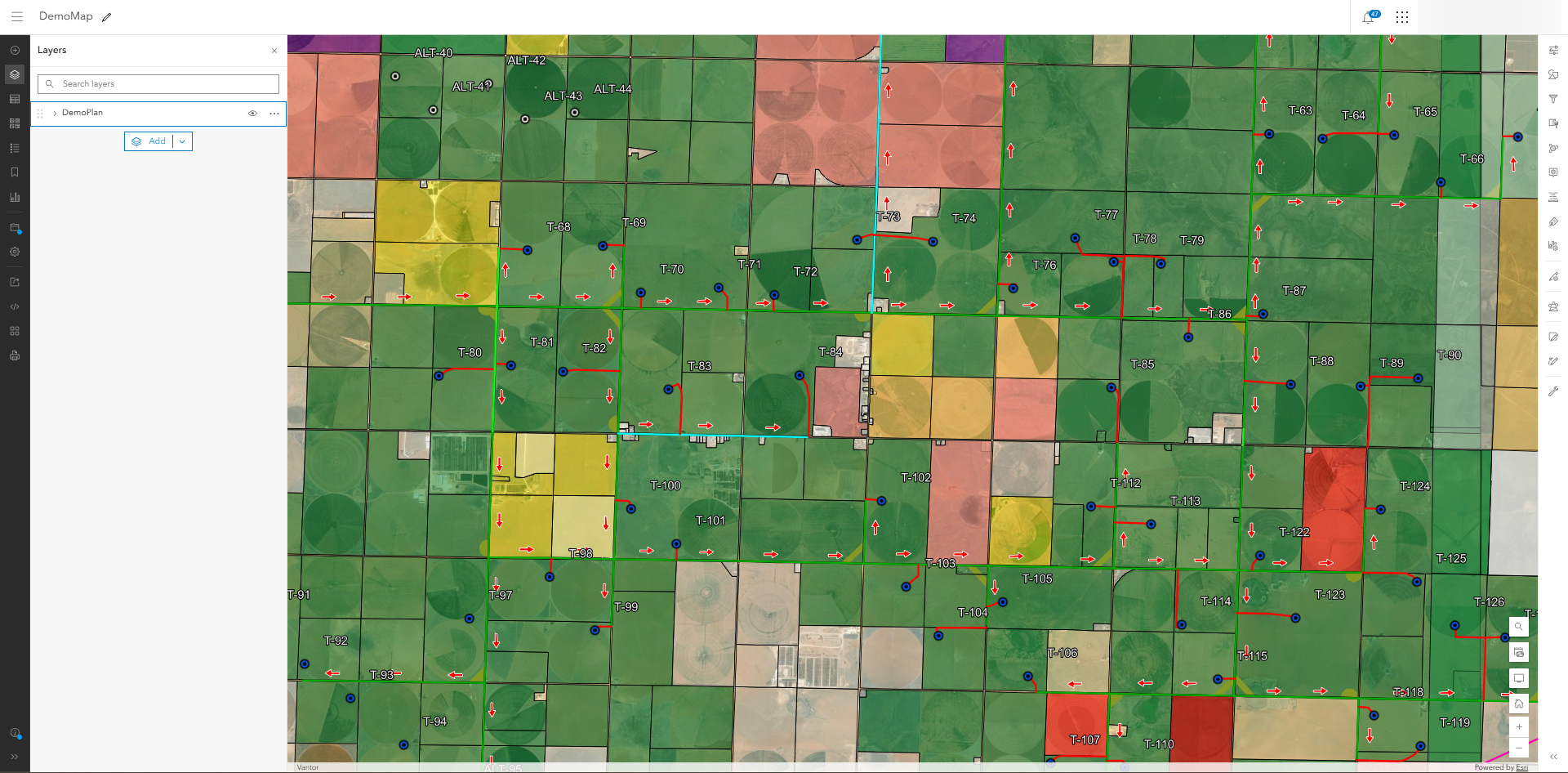 KMZ construction data displayed in fourth GIS application showing color-coded field parcels and map markers