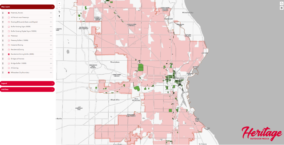 Photo of an Interactive GIS map showing parcel scoring across Milwaukee, with compliant parcels highlighted and non-compliant areas shaded based on zoning and spacing rules.