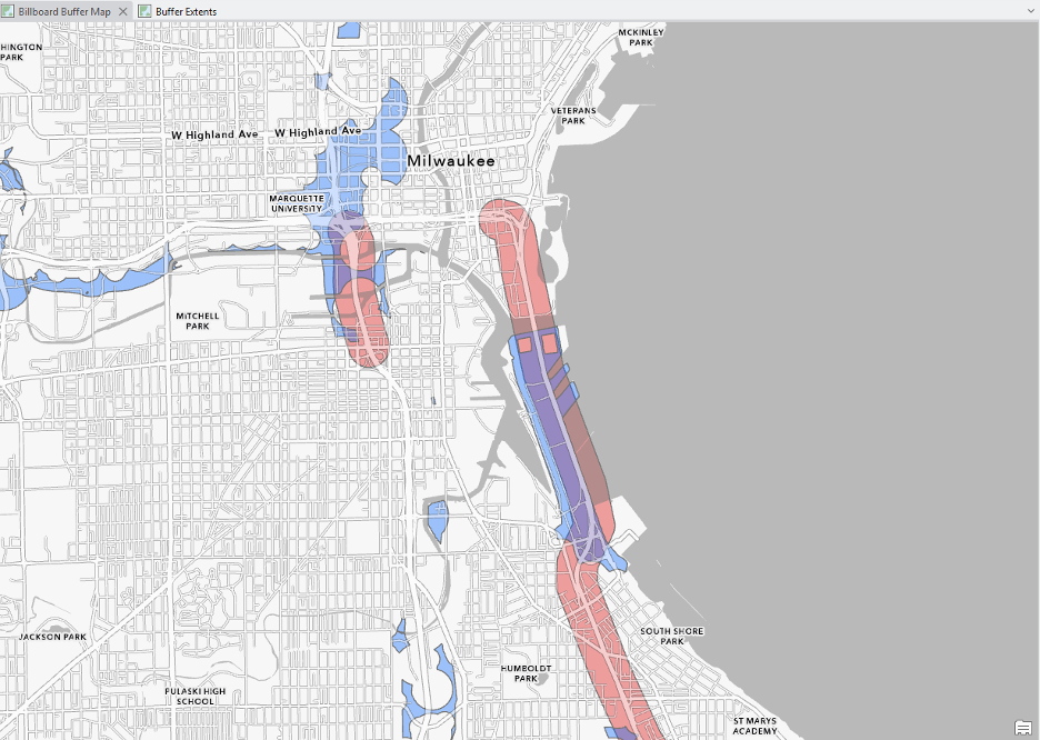 Map of Milwaukee showing billboard buffer zones, with overlapping red and blue areas indicating spacing constraints along major corridors aiding in billboard site selection.