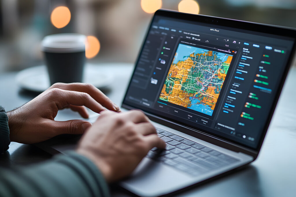 A man is working on his laptop, which displays a geographic map with various regions for market intelligence