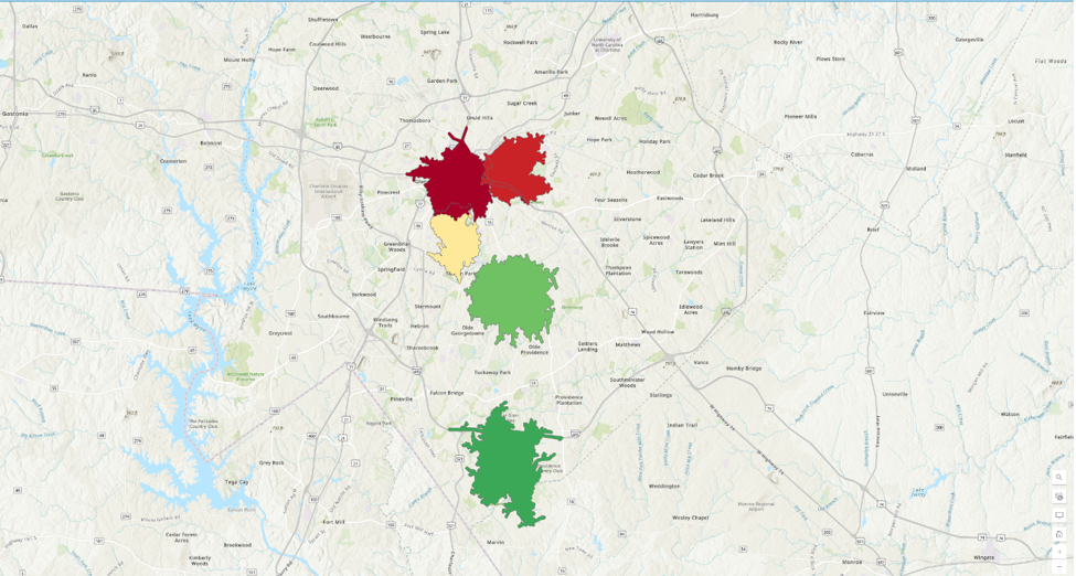 ArcGIS Business Analyst map created by Blue Raster illustrating customer segmentation and demand modeling results for CD One Price Cleaners, highlighting trade area performance, market potential, and new store placement opportunities.