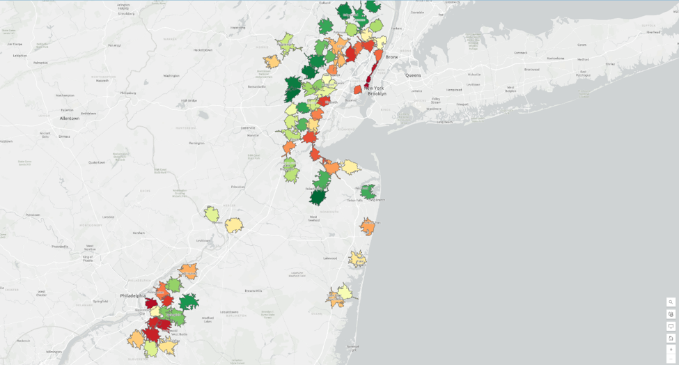 Blue Raster market feasibility analysis map developed in ArcGIS Business Analyst for CD One Price Cleaners, showcasing customer segmentation insights, trade area performance comparisons, and service expansion opportunities.