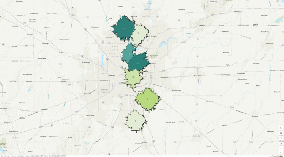 Geospatial analysis map created by Blue Raster in ArcGIS Business Analyst supporting CD One Price Cleaners expansion strategy, featuring market feasibility results, customer segmentation and demand modeling, trade area performance, and new store placement opportunities.