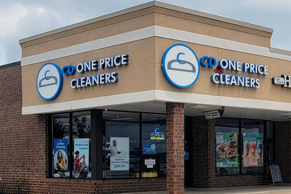 Exterior view of a CD One Price Cleaners retail location, showing the storefront and building where dry cleaning and laundry services are offered.