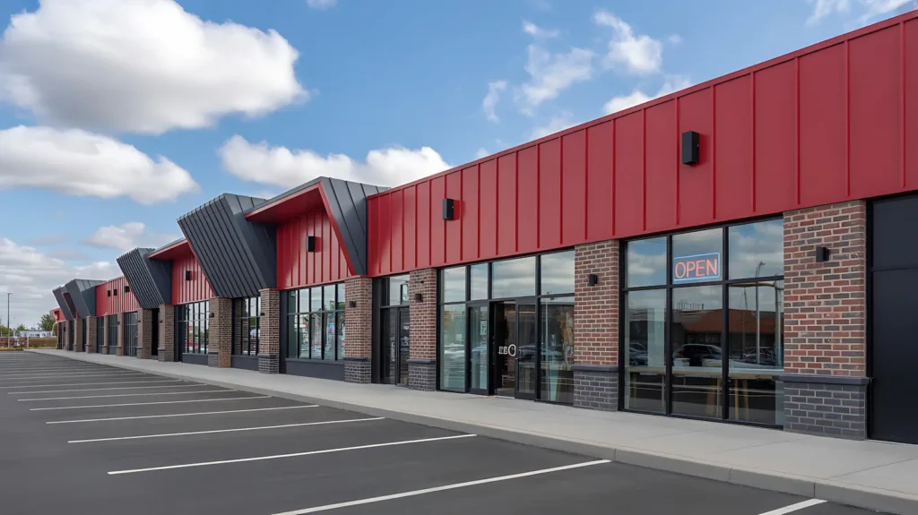 Modern empty commercial storefront buildings with parking lot under blue sky