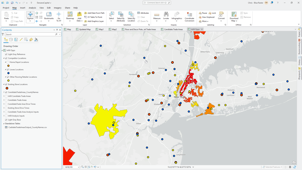 ArcGIS Pro Map of Darsana's Trade Areas and competitor locations