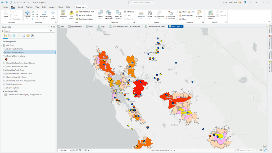 ArcGIS Pro Map of Darsana's Trade Areas as well as drive times