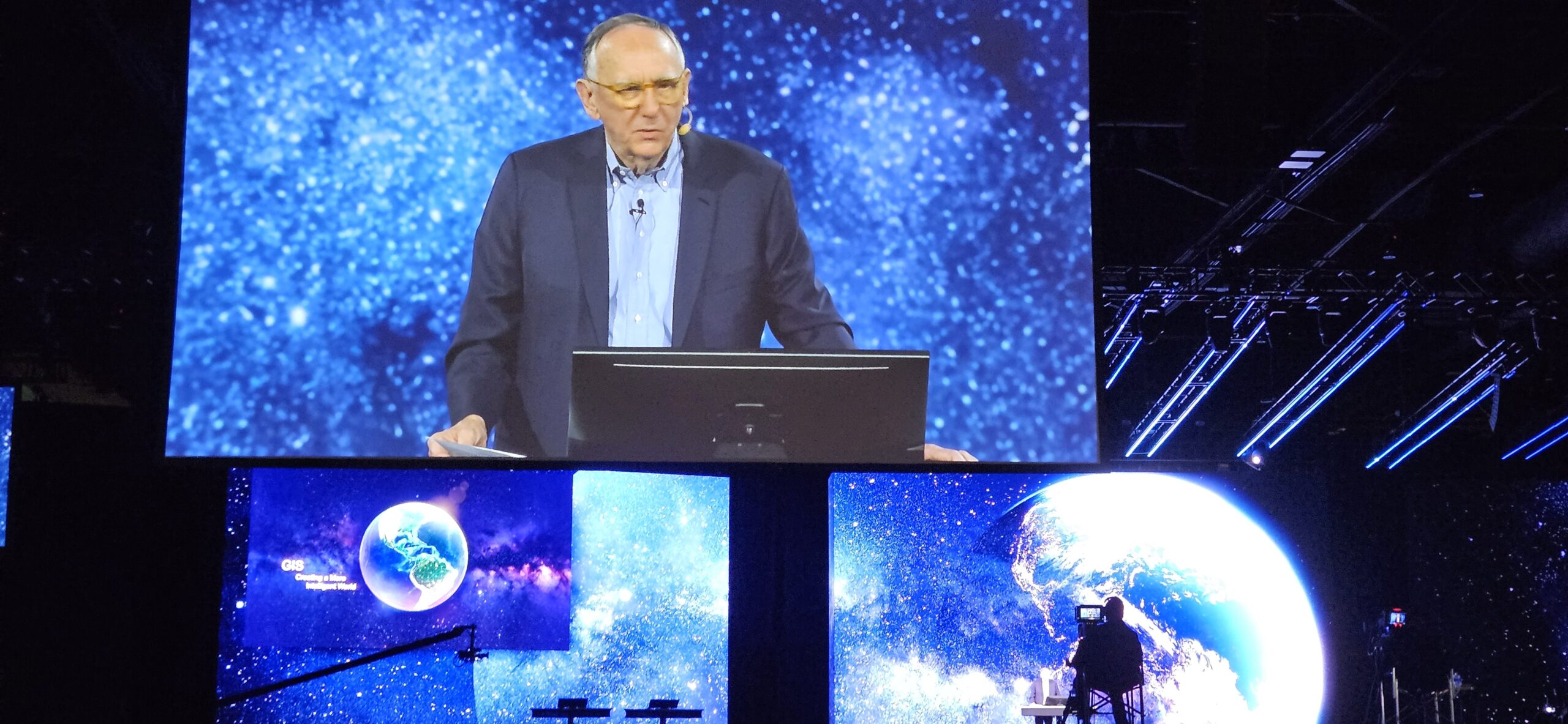 Esri Founder and President, Jack Dangermond, presenting at the 2026 Esri User Conference Plenary session