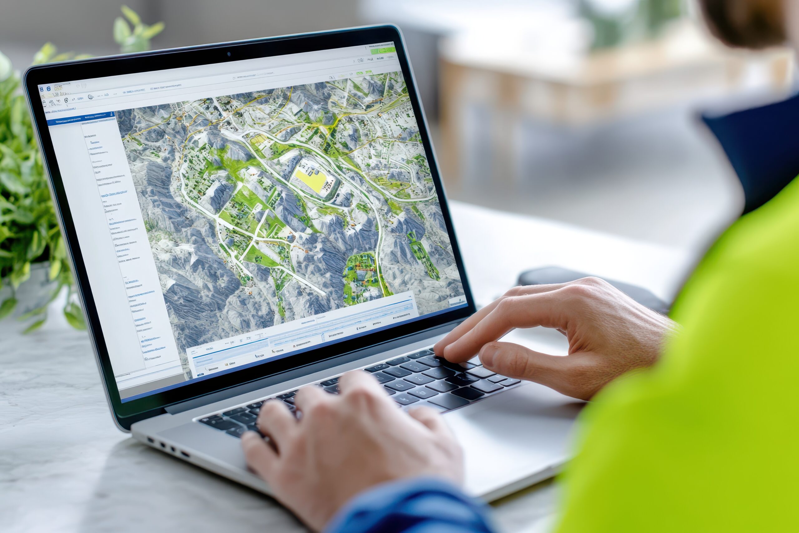 A professional analyzes satellite imagery on a laptop, representing GIS modernization through geographic information systems, mapping, and remote sensing technology.