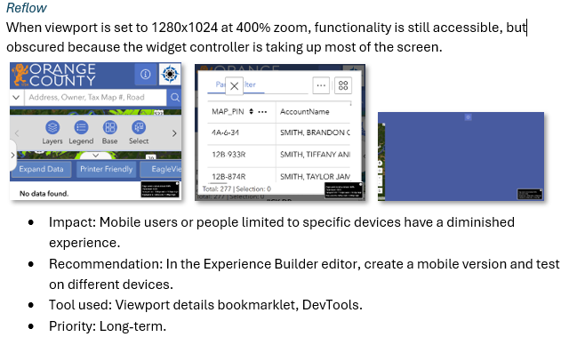 Screenshot from a Blue Raster WCAG accessibility assessment report showing a reflow issue in Orange County's ArcGIS Experience Builder application, where a widget controller obscures content at 400% zoom on a 1280x1024 viewport, with impact, recommendation, tool, and priority notes listed below