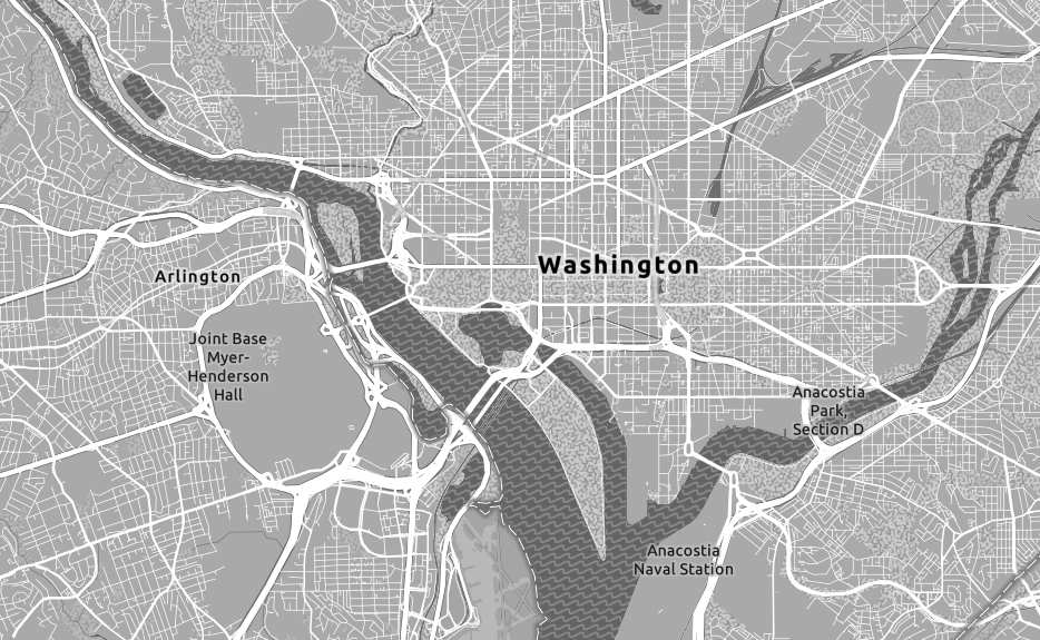 Accessible Basemap Gray Version 2 over Washington, DC and Arlington, with dark patterned rivers, white roads and high-contrast labels