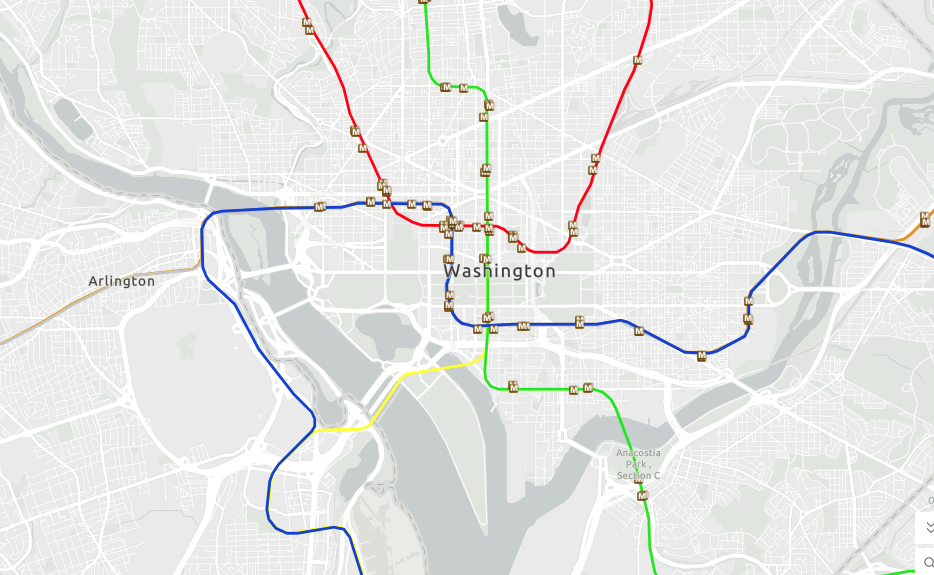Washington, DC Metro lines on Light Gray Canvas, where thinner lines and small brown station icons sit on a pale base