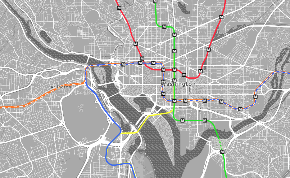 The same Washington, DC Metro lines on Accessible Basemap Gray Version 2, with white-cased colored lines and black station icons on a darker base