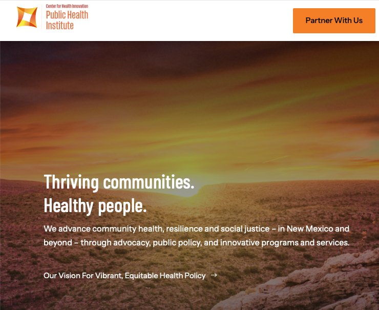CHI-PHI homepage with the tagline. public health GIS Thriving communities. Healthy people. over a desert sunset, above its New Mexico mission