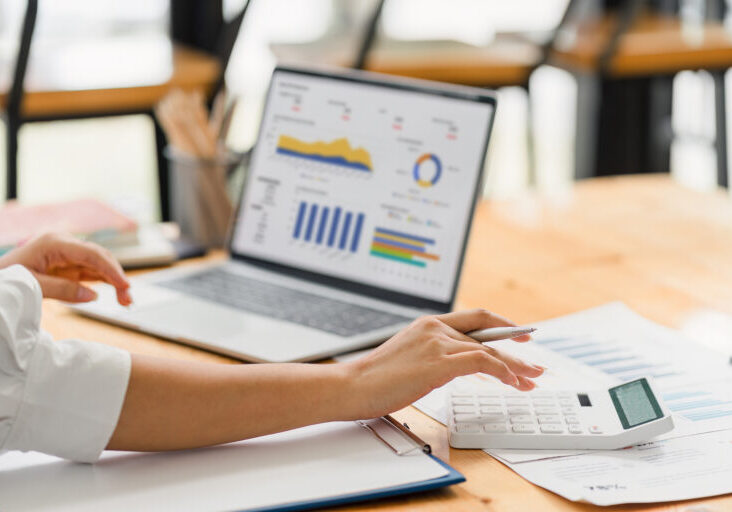 Analyzing Financial Data on Laptop with Calculations and Charts