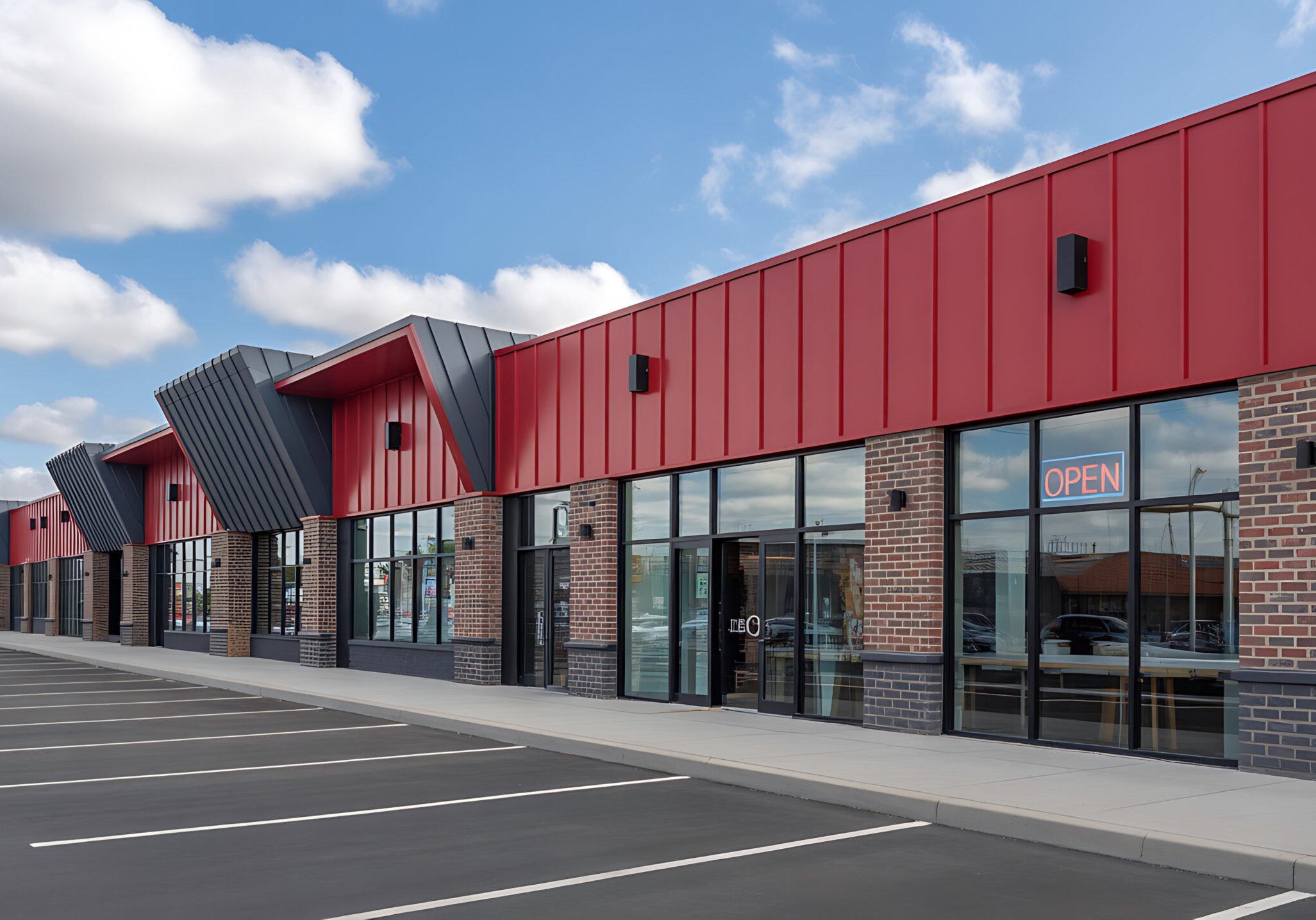 Modern empty commercial storefront buildings with parking lot under blue sky