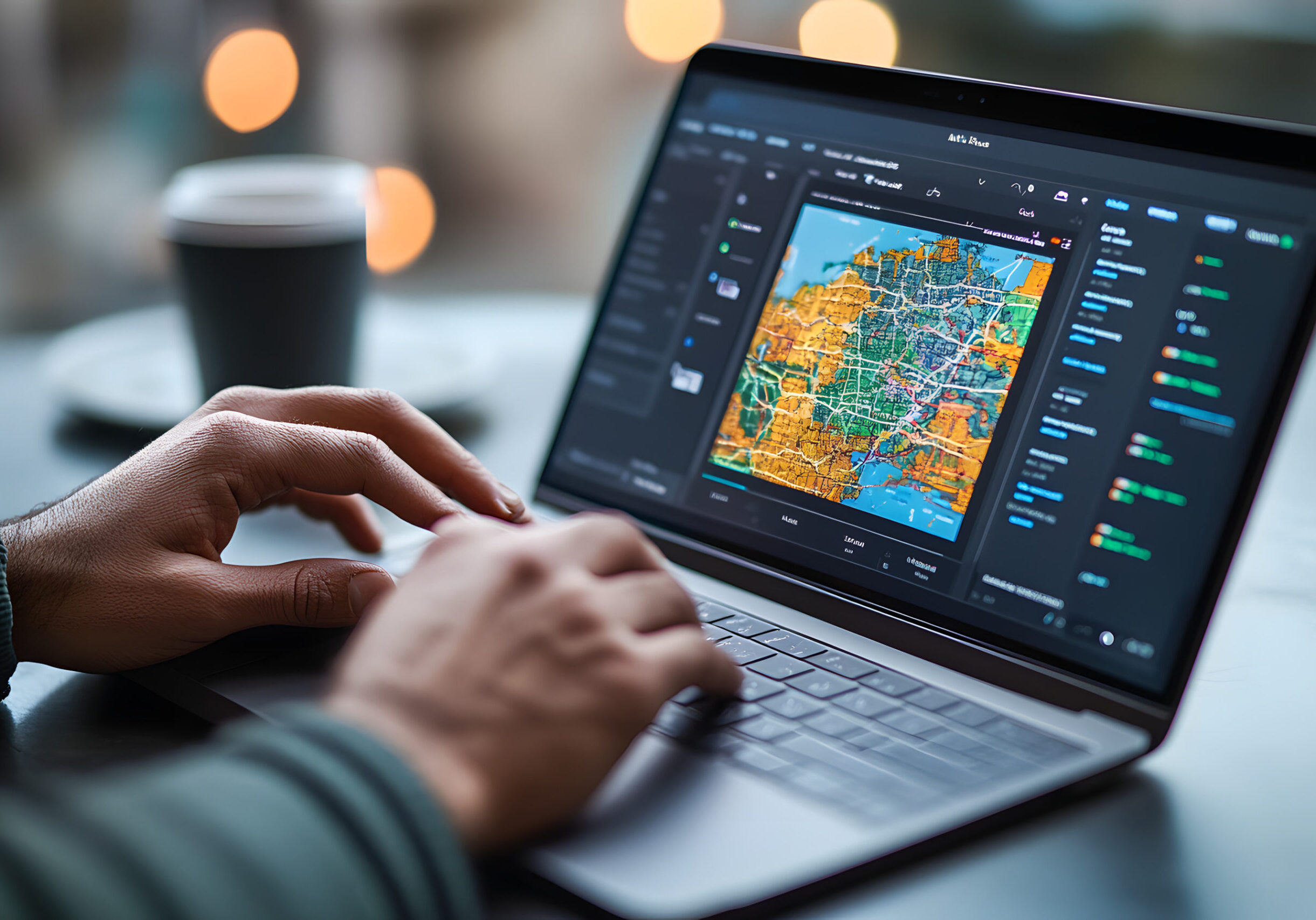 A man is working on his laptop, which displays a geographic map with various regions for market intelligence
